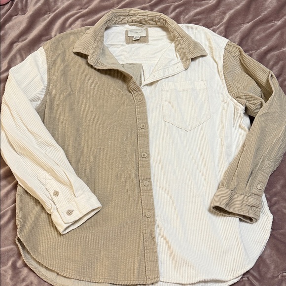 American Eagle Outfitters Tops - American Eagle Outfitters Men's Corduroy Shirt - Cream and Tan